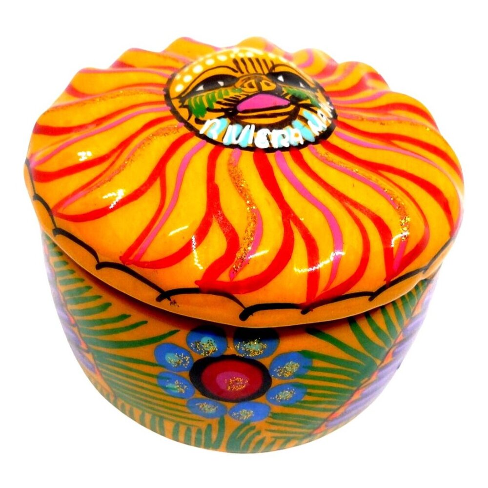 Hand-Painted Mexican Folk Art Pottery Trinket Box w Sun Sunflower Lid Floral Bir